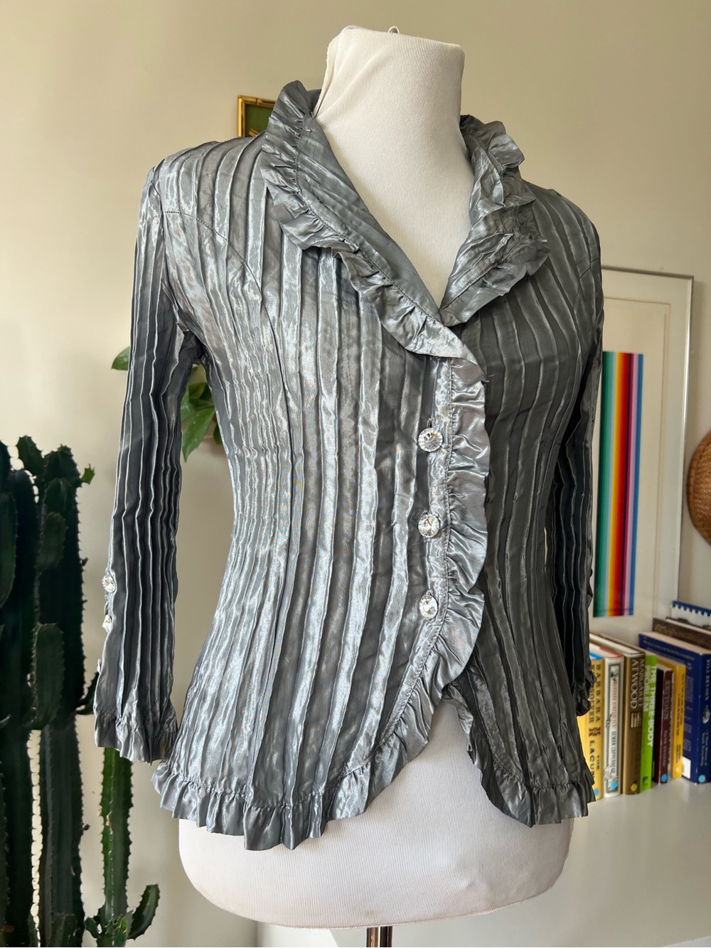 Y2K MSK Silver Accordion pleated Button Down Dressy Blouse Size Small
